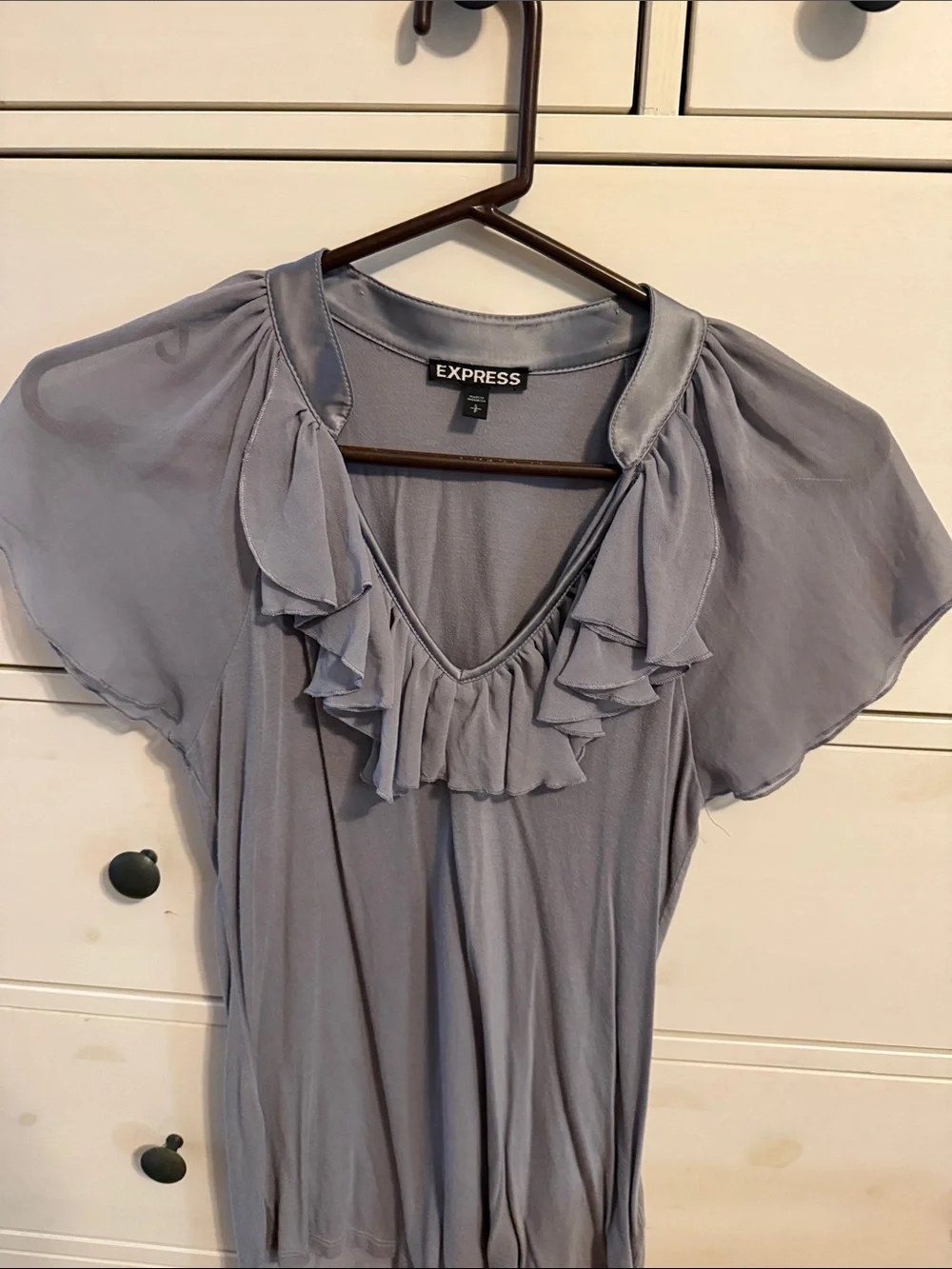 Express Light Gray Ruffle V-Neck Blouse - Picture 2 of 7
